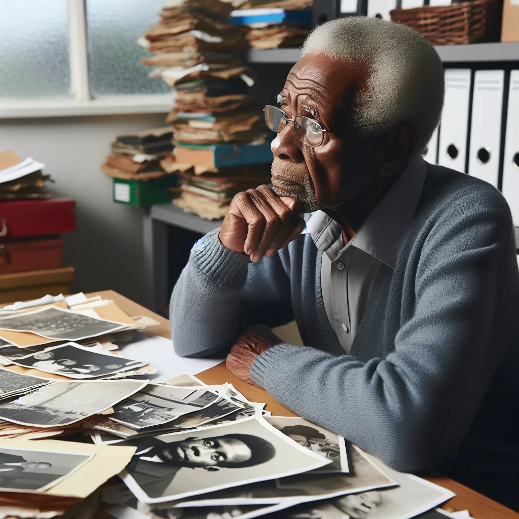 Description: Image of a thoughtful older person sitting at a desk surrounded by documents and photos, reflecting on past experiences related to the apartheid era, poised to share their story for an oral history interview.