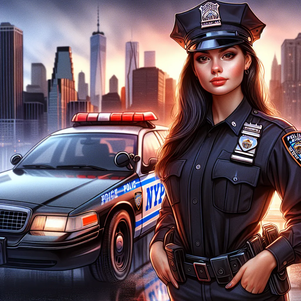 Illustration of a young woman wearing an NYPD uniform, proudly standing next to a Ford Crown Victoria police car with the Manhattan skyline in the background.