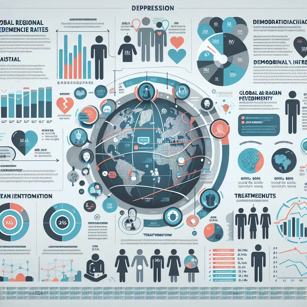 Infographic showcasing key statistics and studies on depression, featuring charts, graphs, and icons representing prevalence rates, demographics, and treatment outcomes.