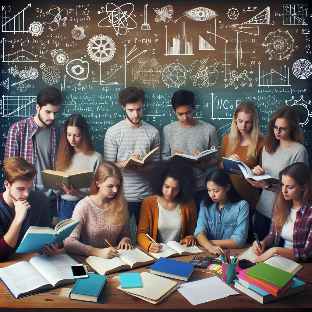 Illustration of a student studying physics, surrounded by textbooks, notes, and a chalkboard filled with equations and diagrams.