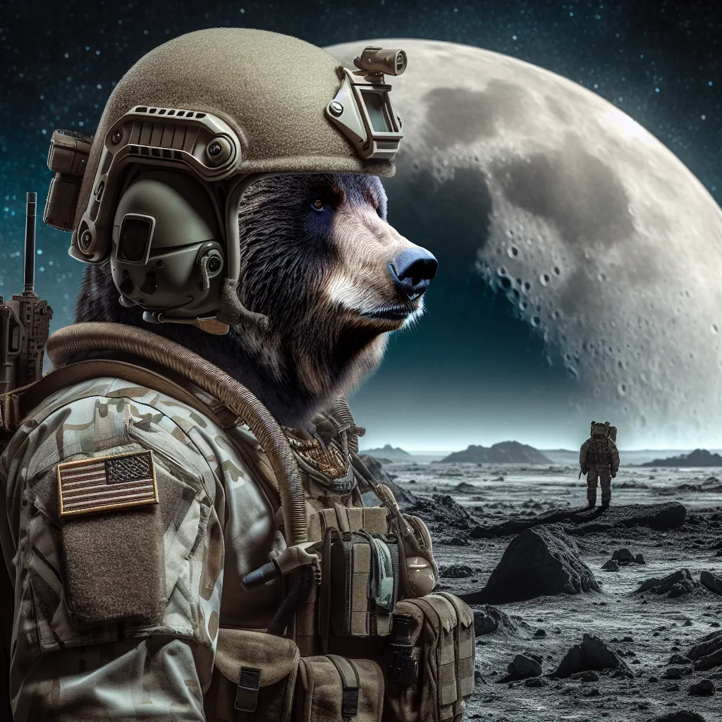 Imagen ilustrativa de un hombre en un desolado paisaje lunar, mostrando claramente características de un oso en atuendo militar completo, incluyendo casco y uniforme de camuflaje.