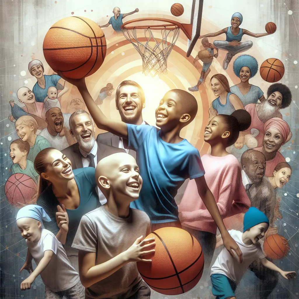 1. Image of young cancer patients playing basketball, showcasing joy and teamwork amidst their treatment journey.  
2. Illustration of a child and an adult mentor sharing a moment of encouragement and support in a hospital setting.  
3. A split image highlighting a coach motivating players during practice and showing compassion off the court by volunteering in the community.  
4. Visual of a handwritten note with encouraging words placed beside a hospital bed, symbolizing hope and support.  
5. 