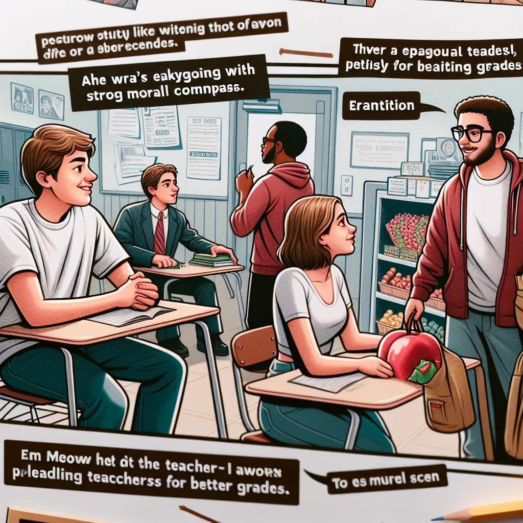 **Title: The Weight of Grades**

In a typical American high school, the classroom buzzed with the laughter and chatter of students. Among them was Mike, an easygoing guy with a strong moral compass. He had a girlfriend named Emily, who was known for her relentless pursuit of academic excellence. While Mike enjoyed a balanced life, Emily was fixated on climbing the academic ladder, often resorting to begging teachers for better grades.

Every day, the class endured her pleas. "Please, Mr. Thompso