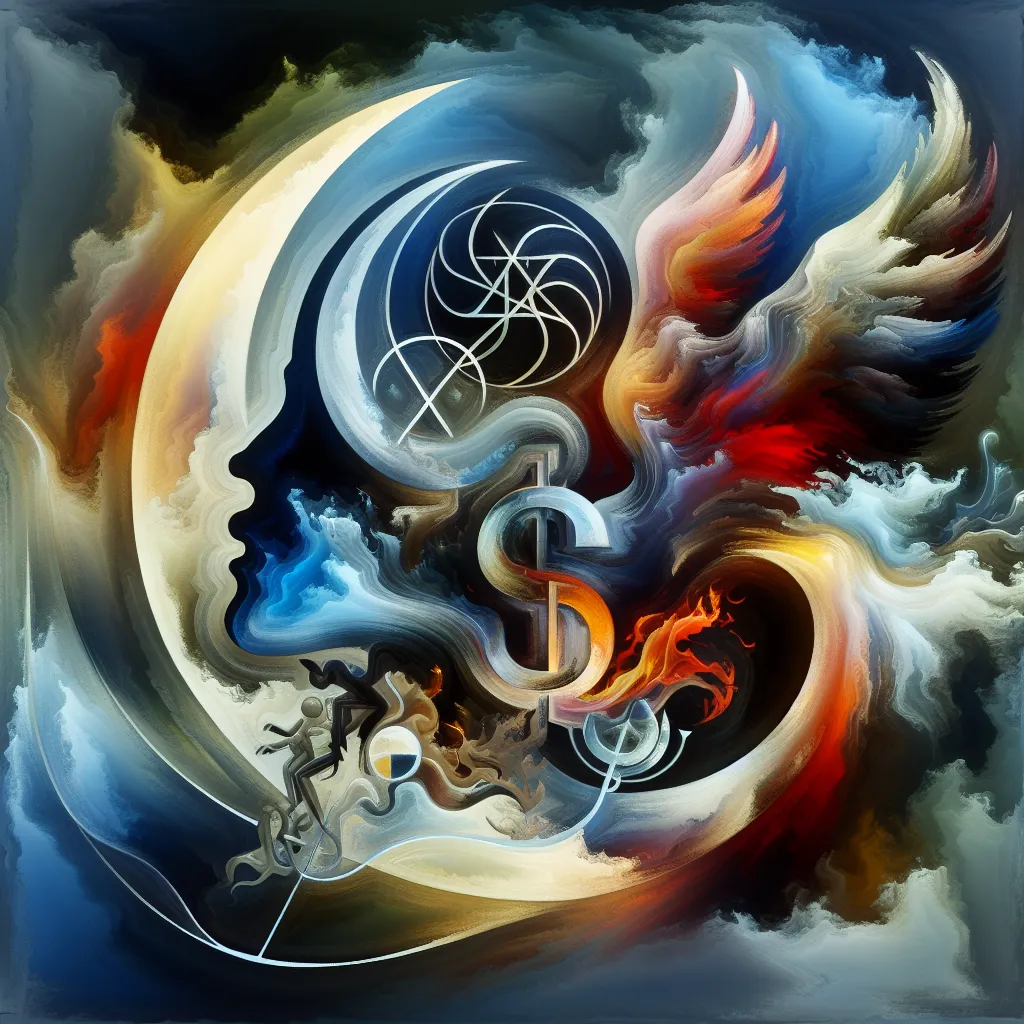Transformation, Dream, Lucifer, Hell, Identity in an abstract style