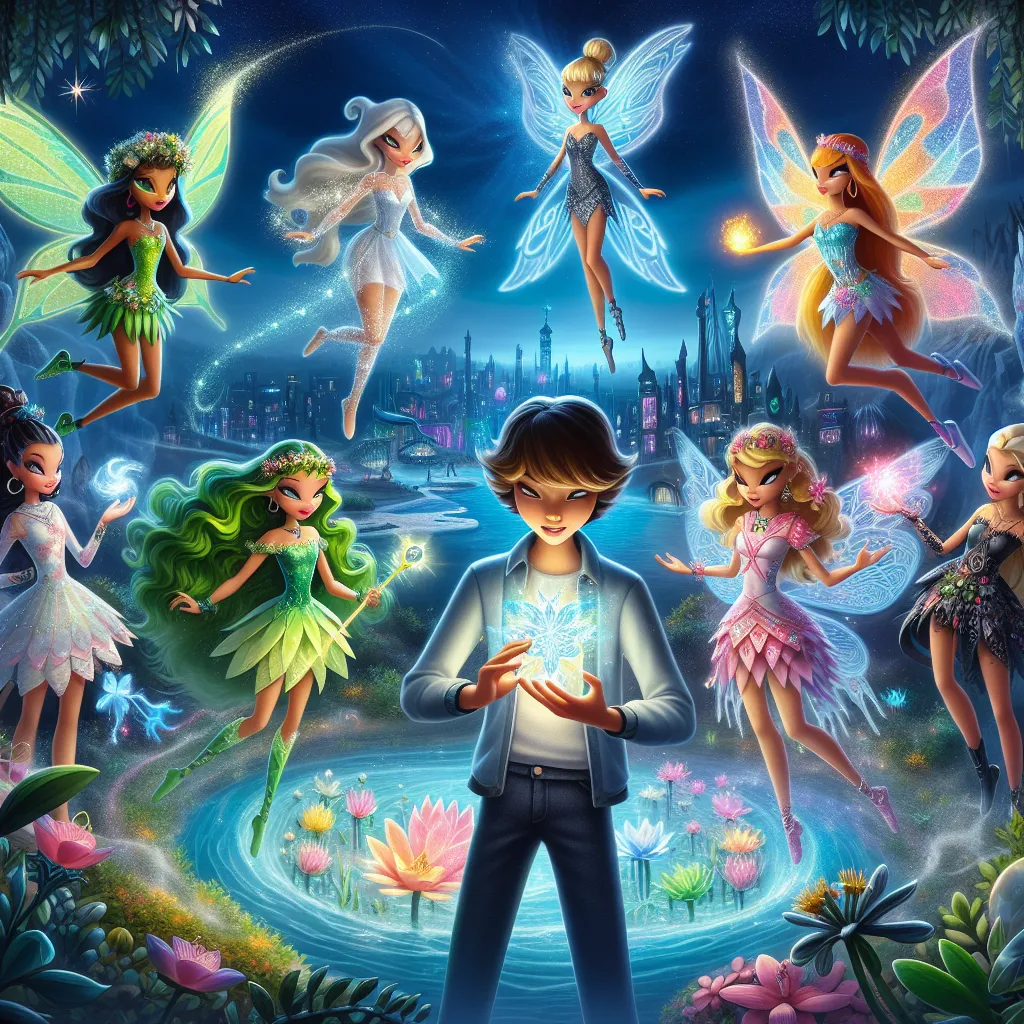 **Title: The Tale of Charlie and the Winx Fairies**

**Scene 1: The Discovery**
Charlie, an ordinary teenager, discovers a magical shard while rummaging through her backpack one night. She accidentally shines her flashlight on it, causing it to light up the sky and form a giant W. Unbeknownst to her, this signals the Winx fairies to come to Earth.

**Scene 2: The Arrival**
Flora lands gracefully near a grove of trees, quickly transforming and taking flight. Techna crashes through a storefront, s