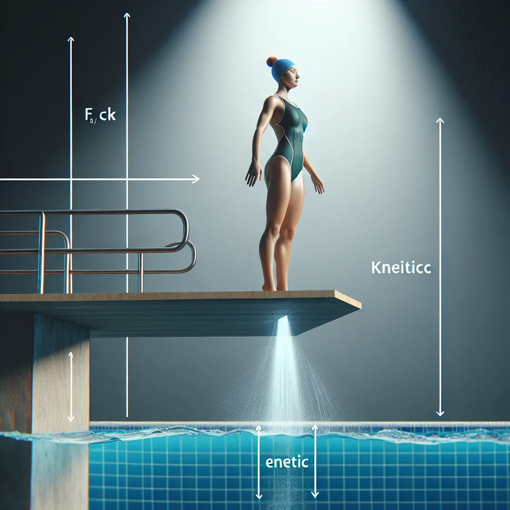 An image showing a swimmer standing on a diving platform, poised to dive into the water, illustrating both kinetic energy (when diving) and potential energy (while on the platform).