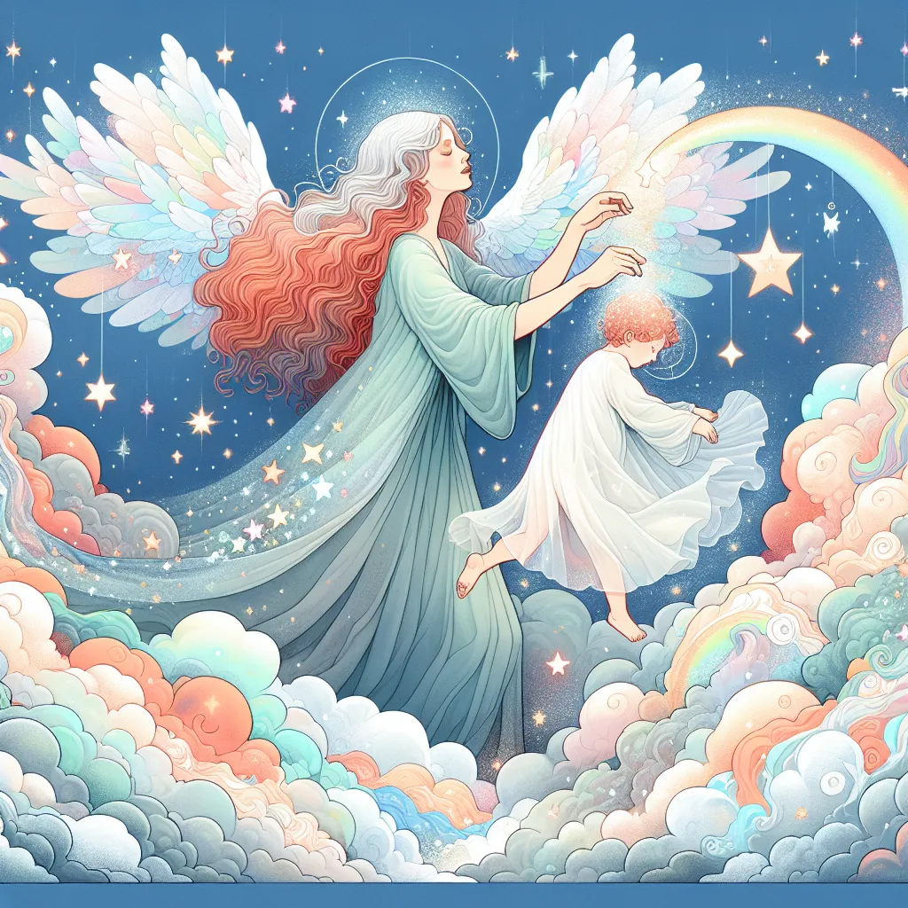 Illustration of a whimsical scene depicting a female character surrounded by soft clouds, magically transforming into a baby, with colorful stars twinkling in the background.