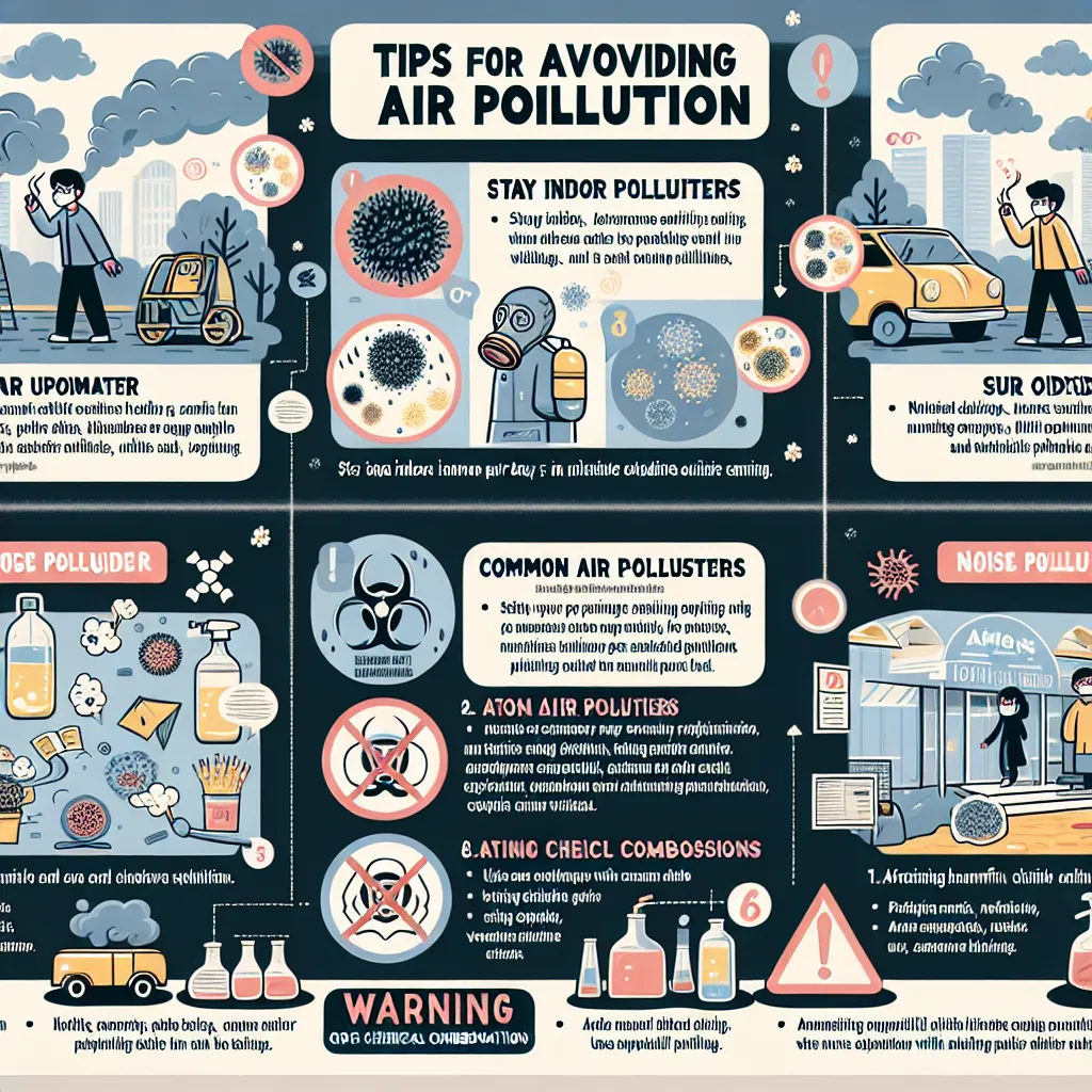 1. **Tips for Avoiding Air Pollution:**
   - Stay indoors on high pollution days.
   - Use air purifiers in your home.
   - Avoid strenuous outdoor activities during smog.
   - Keep windows closed during high pollen and pollution seasons.
   - Use public transport or carpool to reduce vehicle emissions.

2. **Common Air Pollutants:**
   - Particulate matter (PM)
   - Nitrogen dioxide (NO2)
   - Sulfur dioxide (SO2)
   - Carbon monoxide (CO)
   - Volatile organic compounds (VOCs)

3. **Steps for 