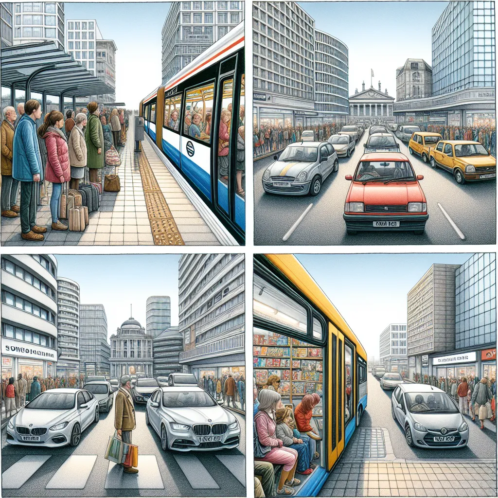 **First Page:** The text talks about a mix of individuals, both young and old, waiting in line at the station as they head to town. The accompanying image captures this diverse group, reinforcing the busy station atmosphere portrayed in the text.

**Second Page:** The text describes various cars passing by the minibus window, highlighting fast and slow, large and small vehicles. The image illustrates the scene from inside the minibus, showcasing different cars and aiding the reader in visualizin