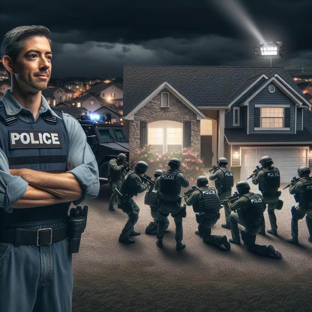 Dramatic illustration of a Texas neighborhood surrounded by police officers and SWAT teams, with a spotlight on a house. In the foreground, a relieved man in a police uniform watches the scene unfold.