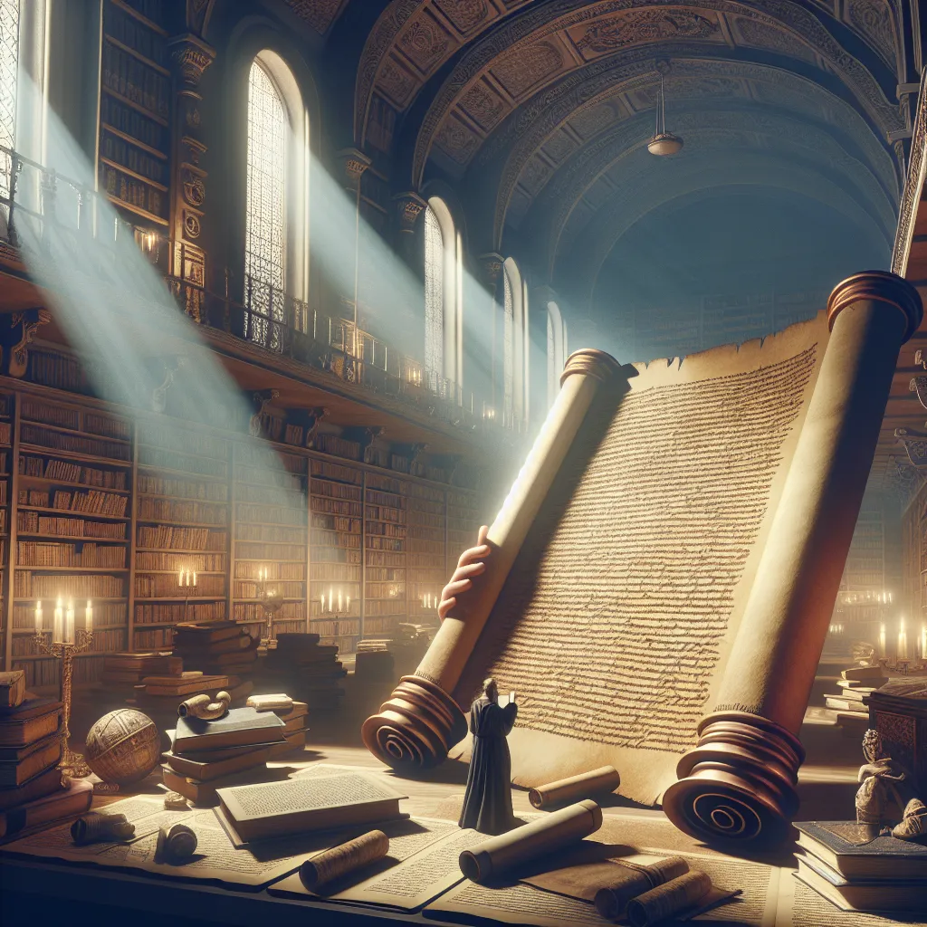 Illustration of an ancient scroll being examined in a library, surrounded by books and artifacts, conveying a sense of historical inquiry and debate.