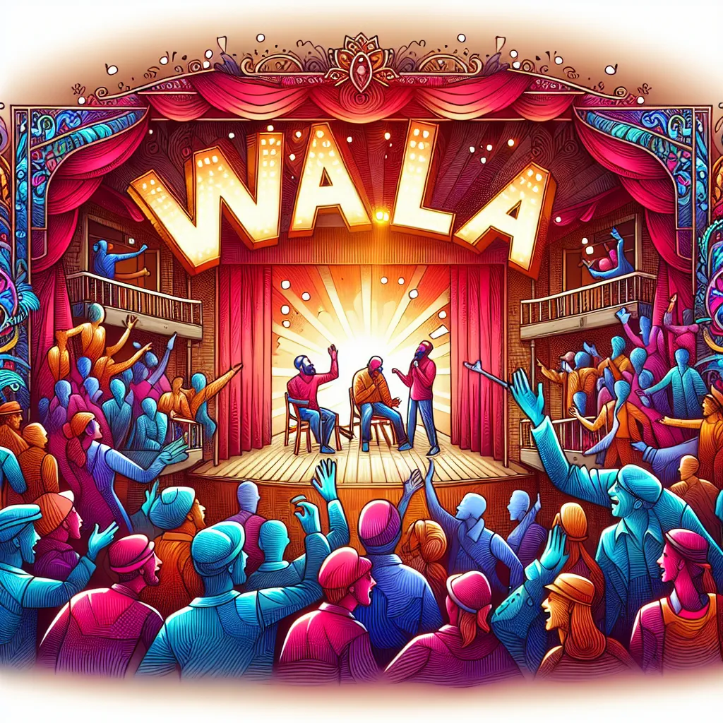 An illustration of a theater stage with actors in a scene, surrounded by others mimicking crowd chatter, labeled "Walla" in bright letters.