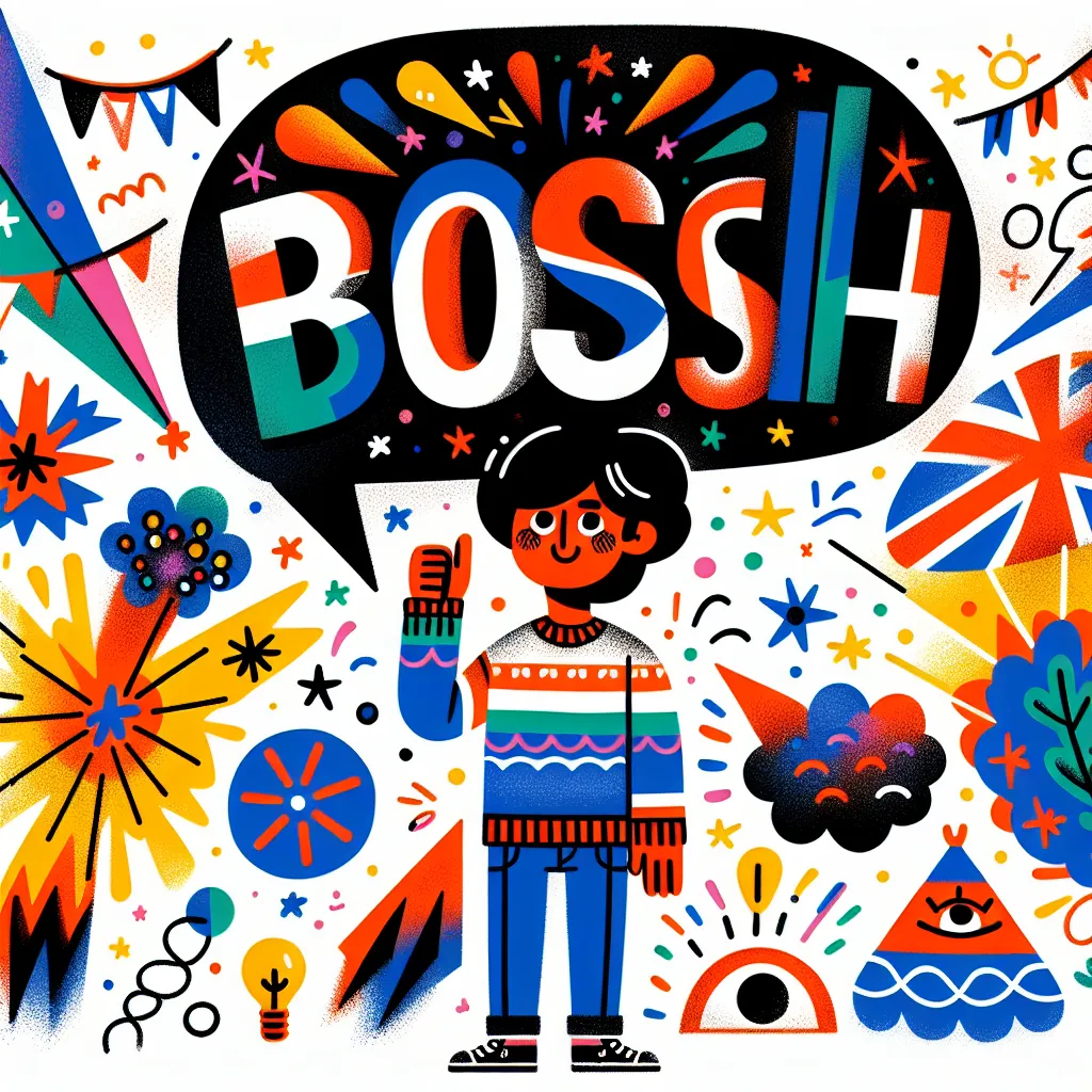 Illustration of a British person with a speech bubble saying "bosh," surrounded by whimsical imagery representing excitement and enthusiasm.