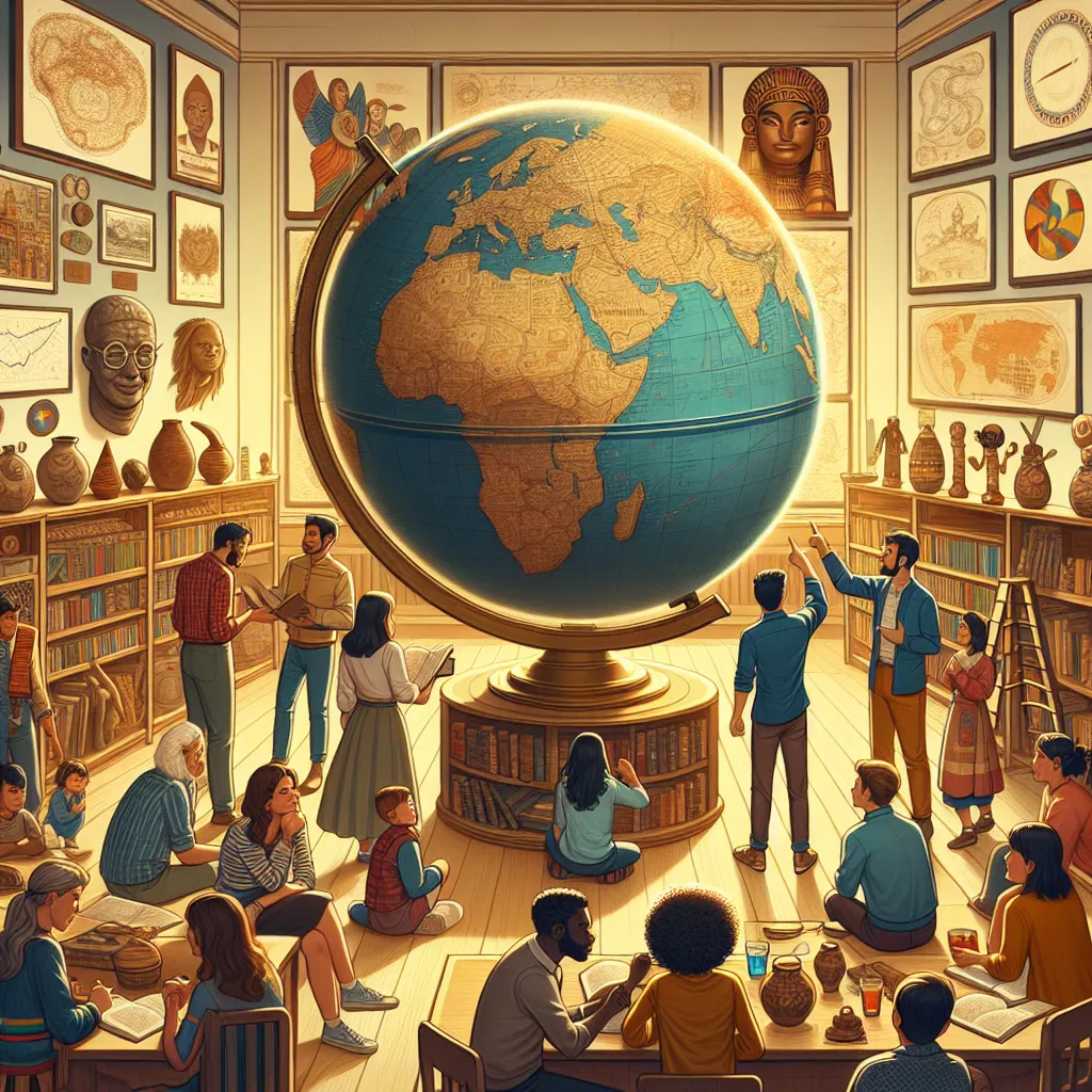 Illustration of a diverse group of people studying a large globe, surrounded by maps and various cultural artifacts, showcasing the intersection of geography and social sciences.