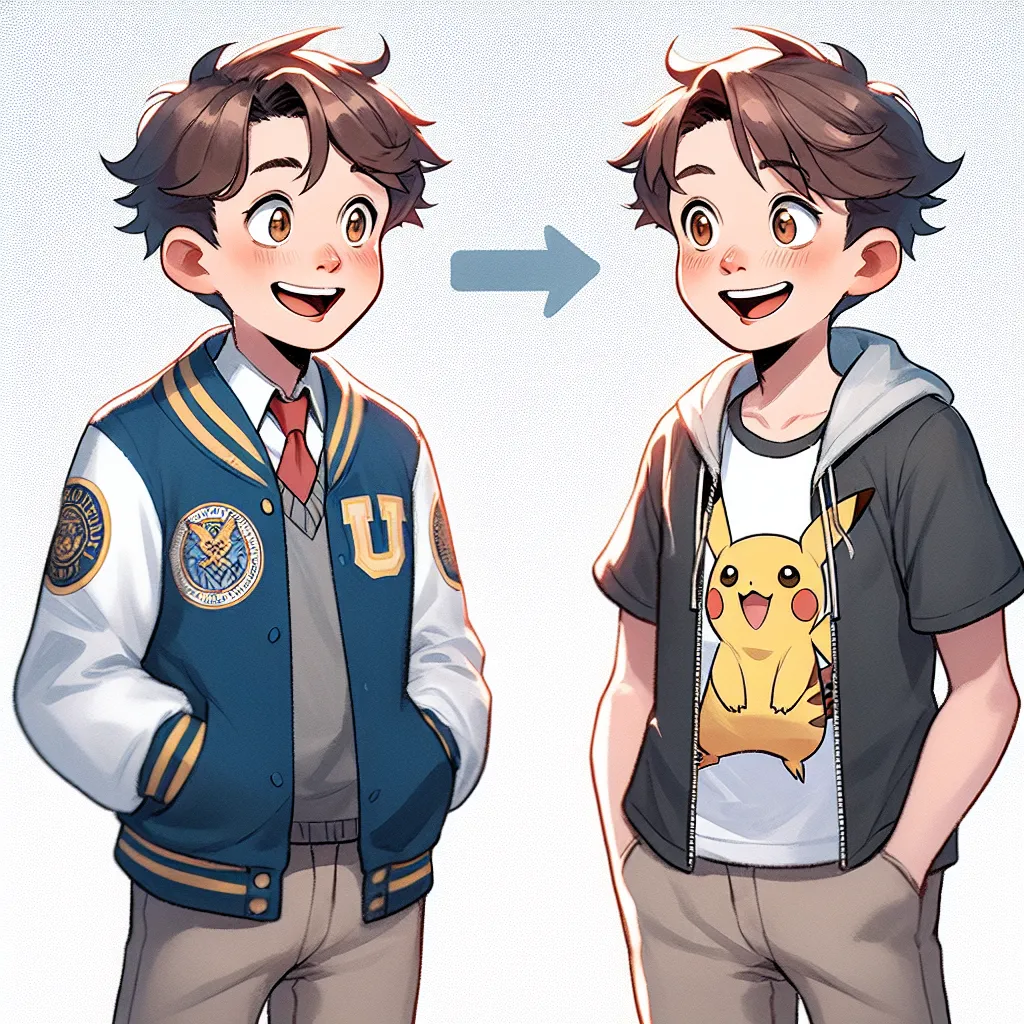 Imagen de dos niños intercambiando sonrisas y mirándose desconcertados, uno de ellos mayor y vestido con chaqueta universitaria, y el otro más pequeño, vestido con camiseta de Pokémon, ilustrando un instante de sorpresa en el cambio de cuerpo.