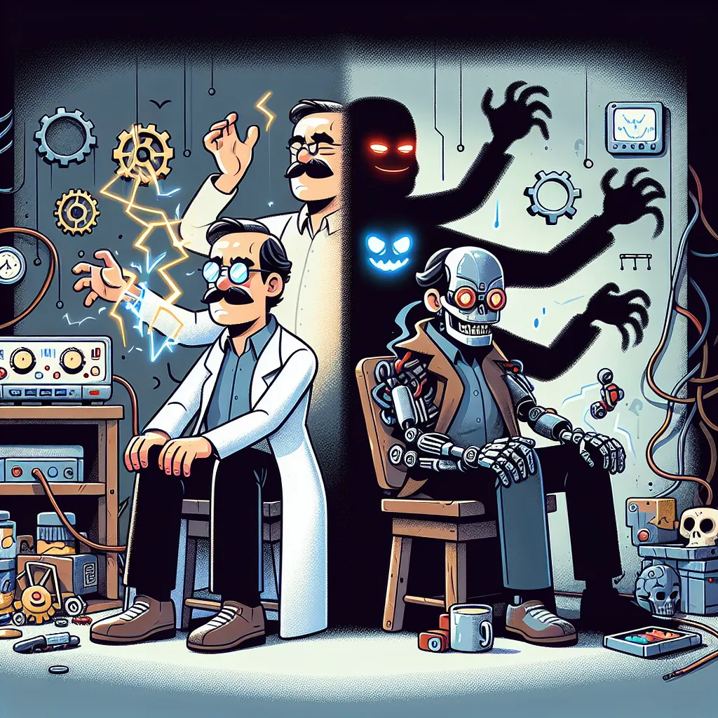 Illustration of a kind human scientist transforming into Dr. Eggman, surrounded by his inventions and a shadowy past.