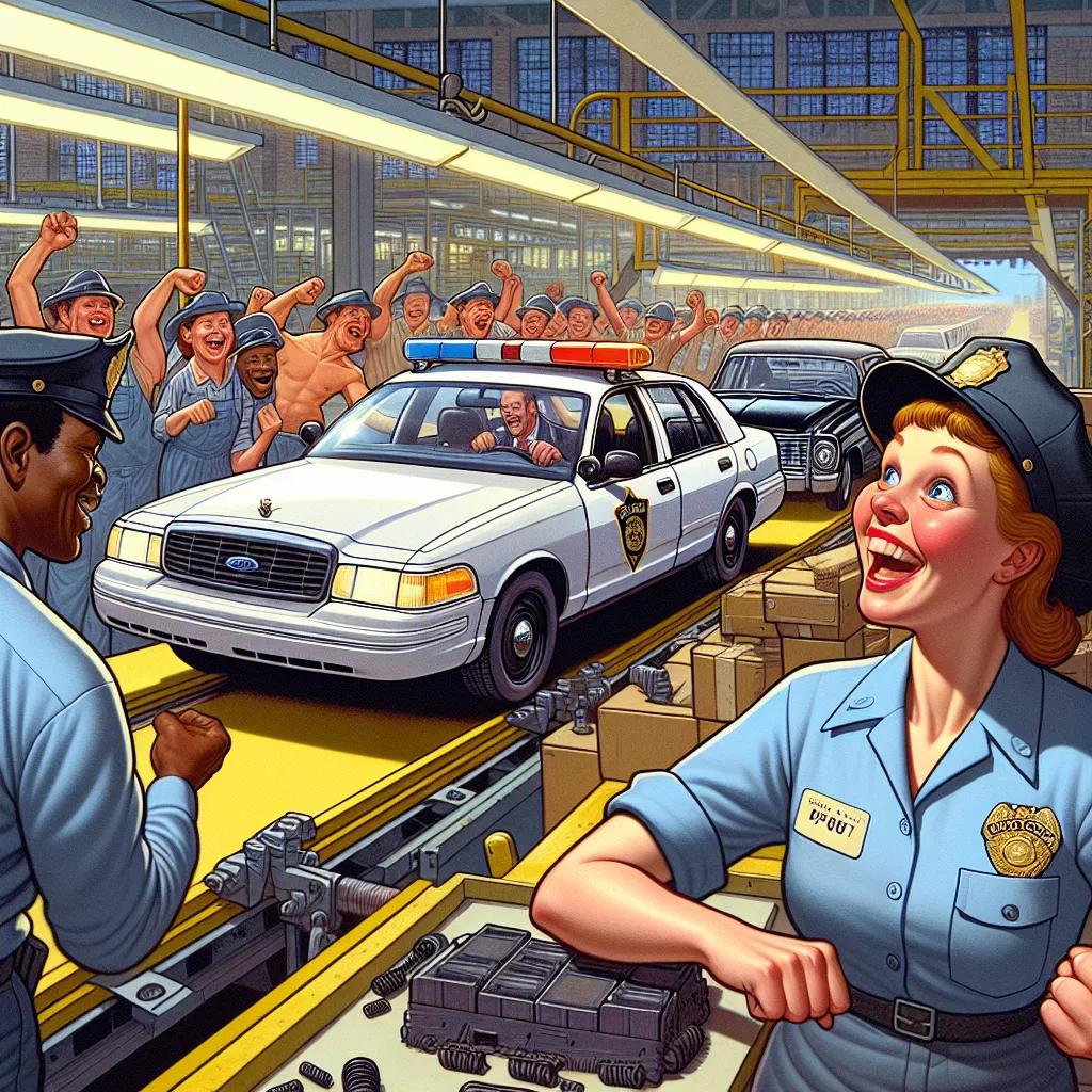 Image of a Ford Crown Victoria police car rolling off the assembly line, surrounded by factory workers celebrating its production. In the foreground, a worker says, "This one’s heading straight to the precinct!" Another replies, "Can you believe how many of these we’ve made over the years?" In the background, a cop is seen driving one, saying, "Still the best for the job!"