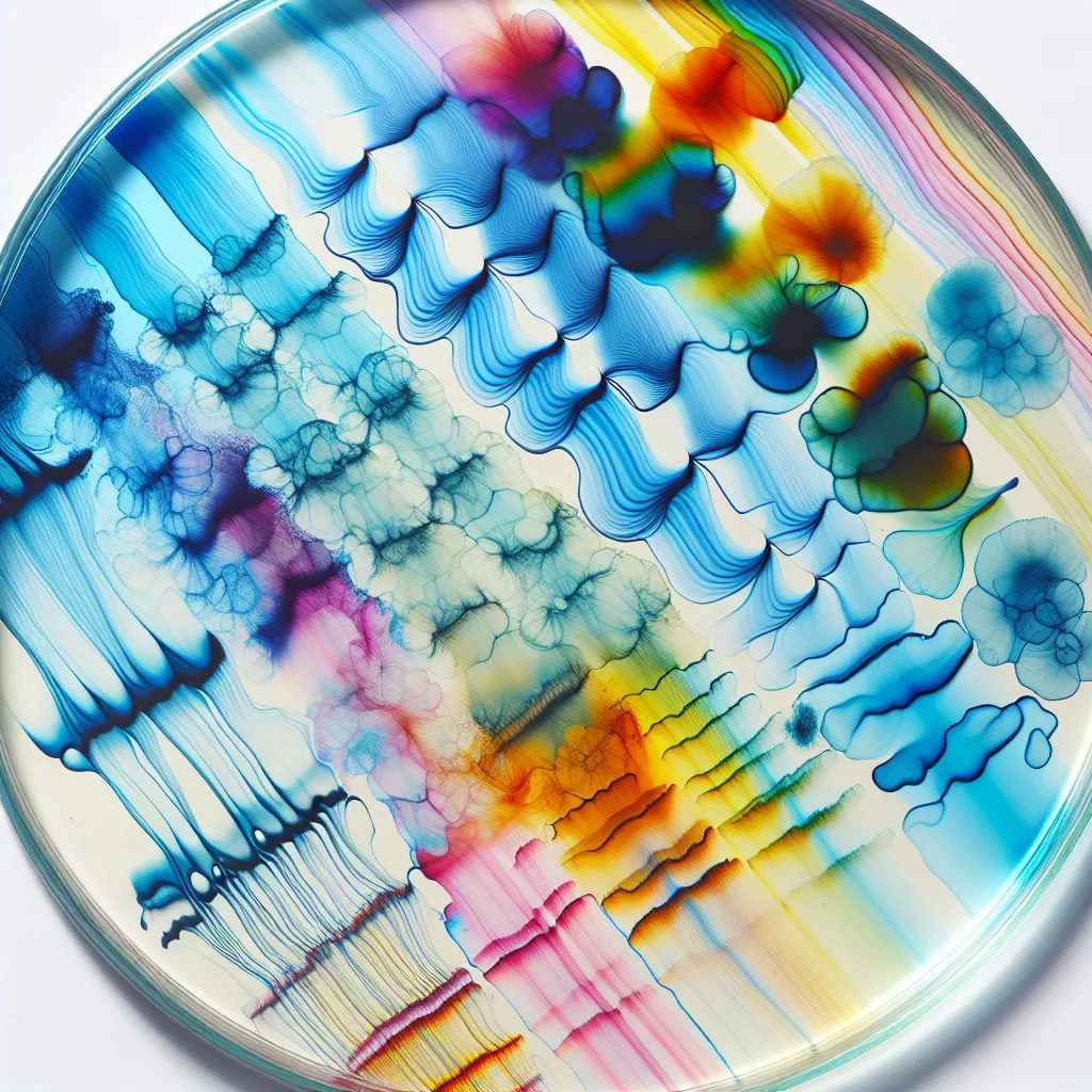 For your request, an appropriate image description might be:

Close-up image of a thin layer chromatography plate with vivid streaks of different colored organic dyes separated on its surface.