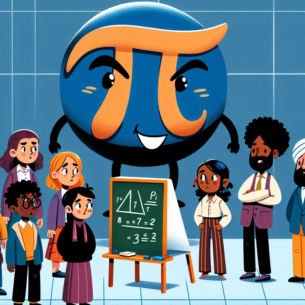 A whimsical cartoon of a giant, mischievous number "Pi" with a cheeky grin approaching a group of worried mathematicians at a chalkboard.