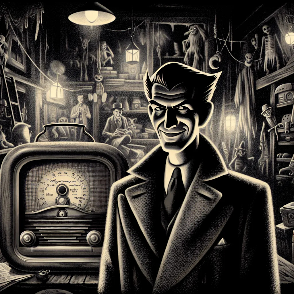 Illustration of a mysterious, tall figure with a vintage radio theme, featuring a sinister smile and shadowy features, standing in a darkened room filled with strange artifacts and eerie ambiance.