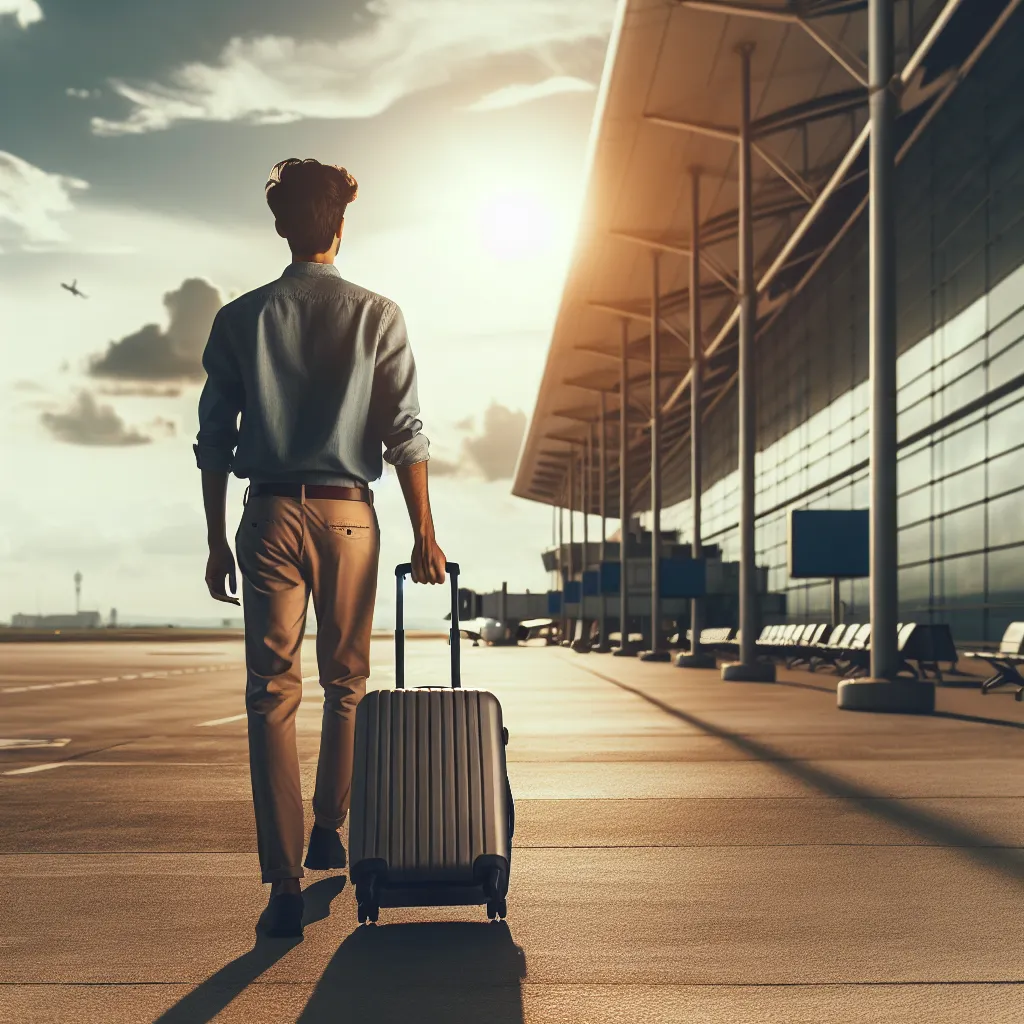 Imagen de un joven caminando hacia el horizonte en un aeropuerto, con una maleta en mano y una expresión de esperanza y determinación en su rostro.