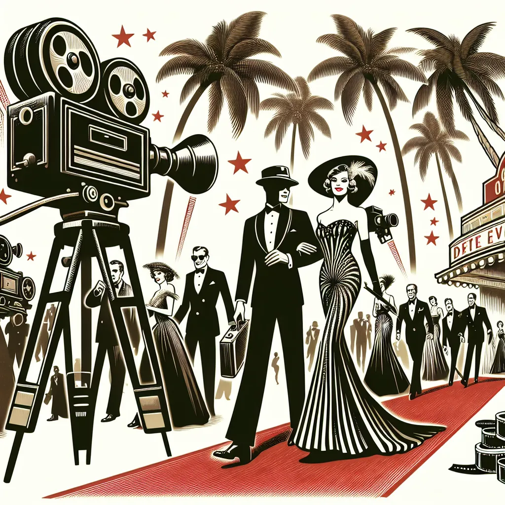 Illustration of a glamorous 1950s Hollywood scene, featuring classic movie stars on a red carpet, surrounded by vintage film cameras and palm trees.