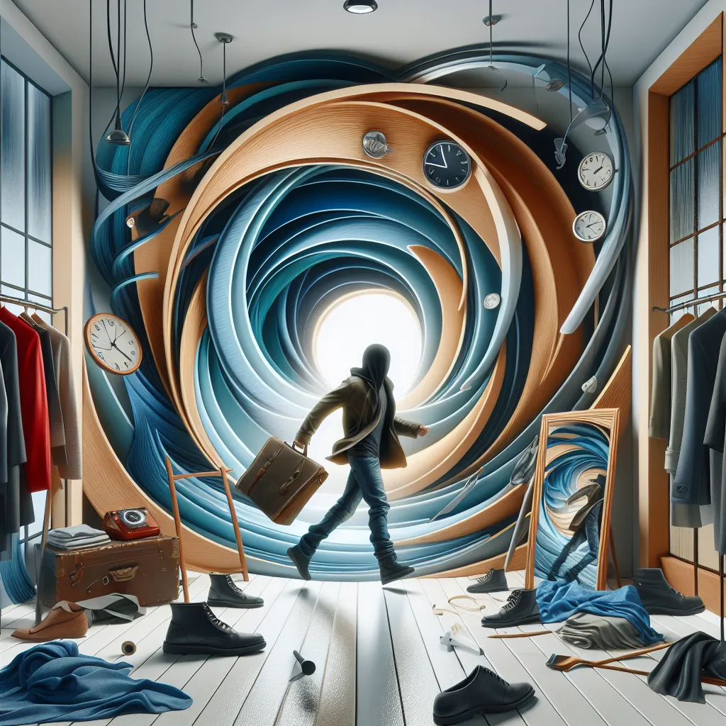 Transformation, Fitting Room, Clothing, Identity, Adventure in an abstract style