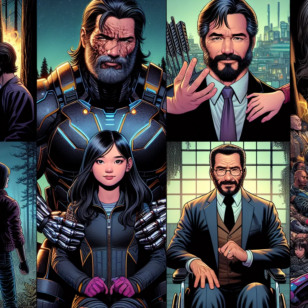 **Image of mutant Laura Kinney's mentors in a comic book style:**

1. **Wolverine (Logan):** A rugged, adamantium-clawed mutant with a fierce demeanor and a heart of gold, Wolverine stands tall with his signature black leather jacket and blue jeans. His unkempt dark hair and distinctive mutton chops frame a rugged face that tells tales of countless battles. In this image, he poses protectively beside Laura, his intense gaze focused and determined, embodying the spirit of a mentor as he guides he