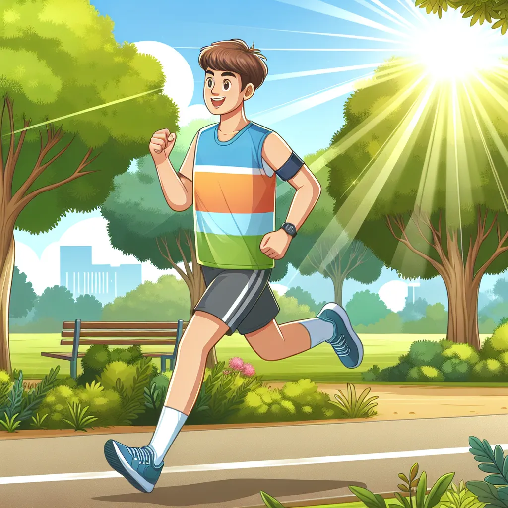 Illustration of a college guy jogging in a bright sports bra and a playful skirt, looking amused as he runs through a sunny park, with a backdrop of trees and a clear sky.