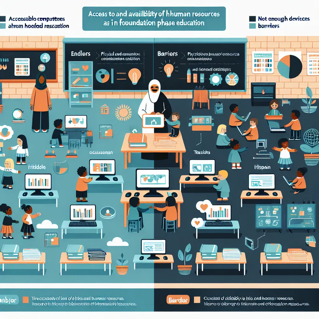 Create an infographic illustrating the concept of access to and availability of physical and human resources as both enablers and barriers to ICT adoption in foundation phase education, featuring visuals like a classroom with computers, teacher training, and diverse student interactions.