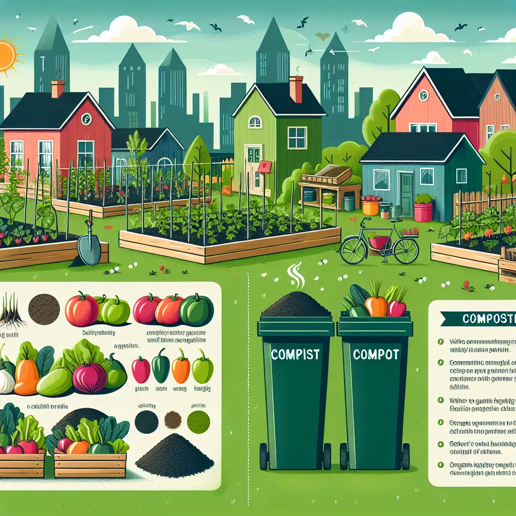 Image of a vibrant community garden with compost bins, showcasing fresh vegetables and healthy soil, alongside an infographic highlighting the benefits of composting and organic fertilizers.