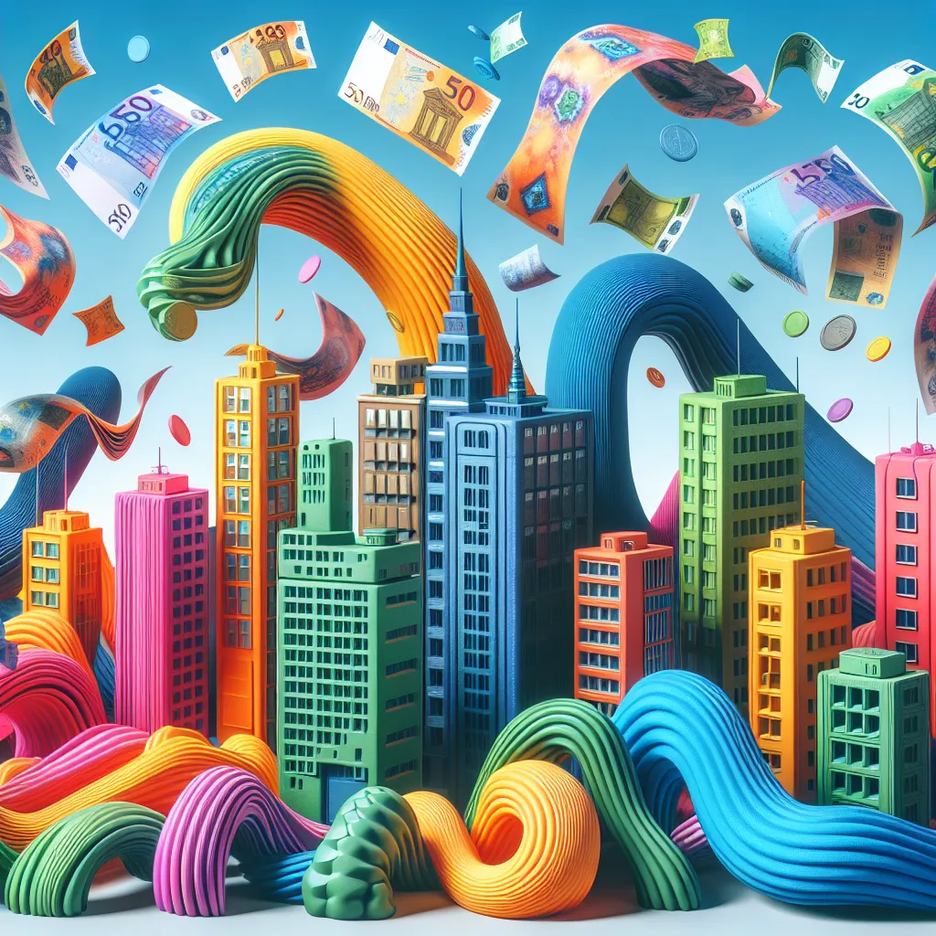 Illustration of a whimsical world with colorful, elastic buildings and floating currency, depicting a playful take on inflation.