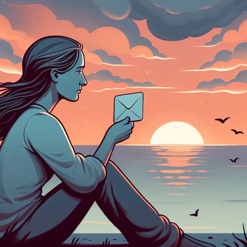 Illustration of a heartfelt message with a serene background, showing a person gazing longingly at a sunset with a soft letter in hand.