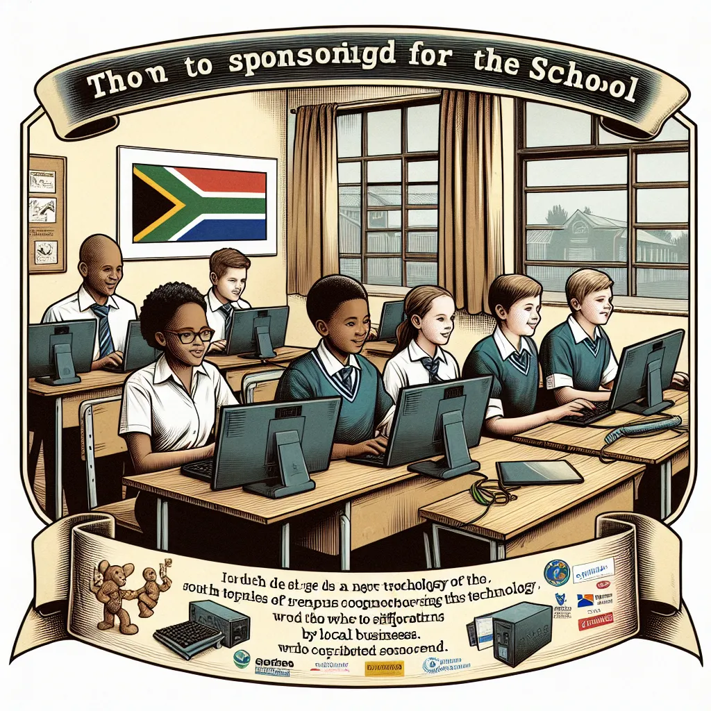 Image of South African students using new computers in their classroom, with a banner in the background showing logos of local businesses that sponsored the technology.