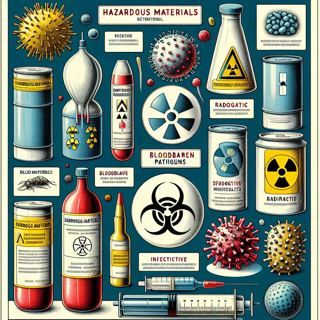 Illustration depicting various hazardous materials found in medical facilities, including bloodborne pathogens, radioactive material, and infectious matter, in a clearly labeled and informative style.