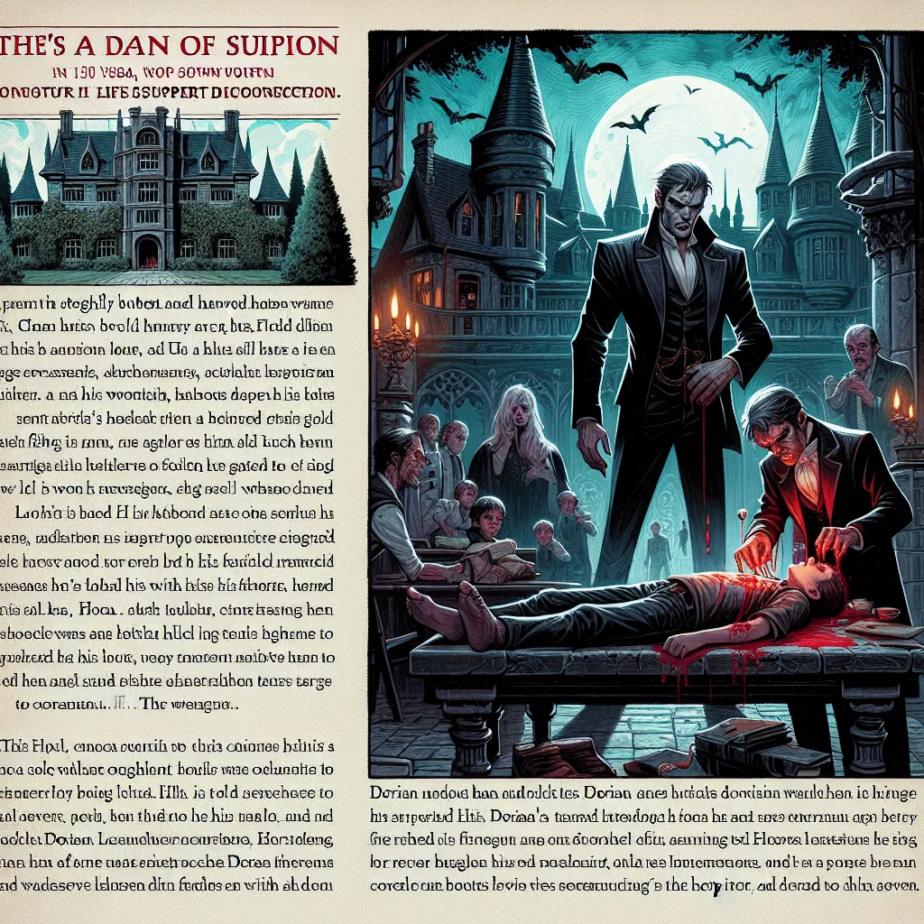 **Título: La Luz de la Eternidad**

En una elegante mansión a las afueras de la ciudad, un vampiro atractivo y musculoso llamado Dorian contemplaba la vida desde su oscura torre. A sus 150 años, su egolatría lo había llevado a despreciar a su único hijo, Lucas, un adolescente de 15 años que siempre lo había considerado insignificante. Dorian veía en él todas las debilidades que él había superado en su larga existencia.

Pero la vida tiene sus giros crueles. Tras un accidente de tráfico, Lucas ca