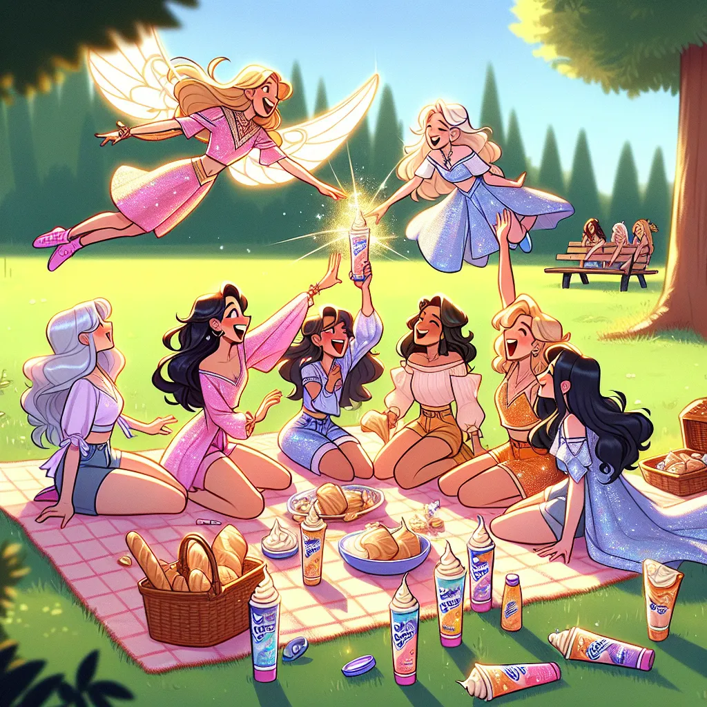 In a sunlit park, the six main characters of the Winx Club—Bloom, Stella, Flora, Tecna, Aisha, and the Muse—gather around a picnic blanket, enjoying their time together. 

**Stella:** “These cream tubes are so tasty! I can’t get enough of them!”

**Flora:** “I love them too! They’re so delicious!” 

**Tecna:** “May I have more, please?”

**Bloom:** “Sure! There are plenty left!” *She hands her a tube, then notices the last one.* “Wait, what happened to the last tube?”

In a flash, the Muse sudde