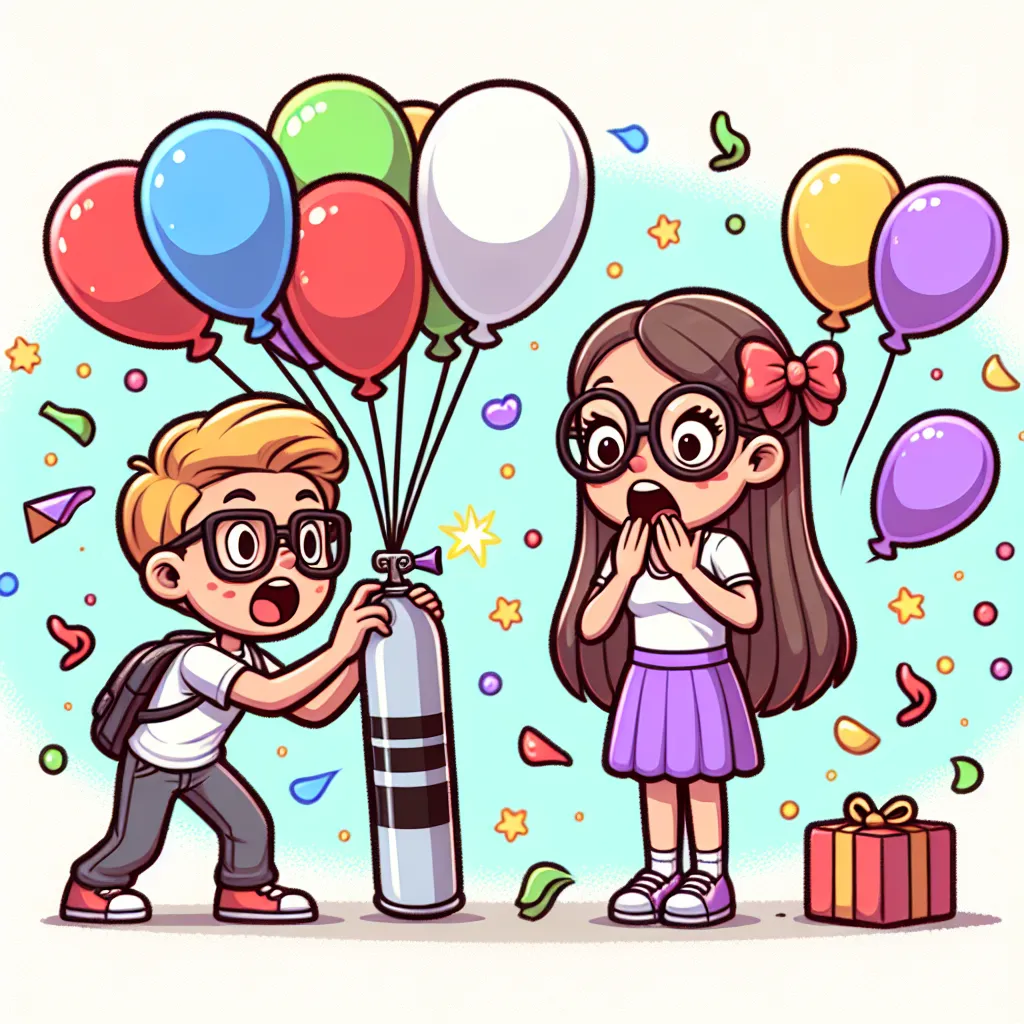 Illustration of a nerdy boy using a helium canister, causing a tall girl to inflate comically, surrounded by colorful confetti in the shape of skin tones as she pops.