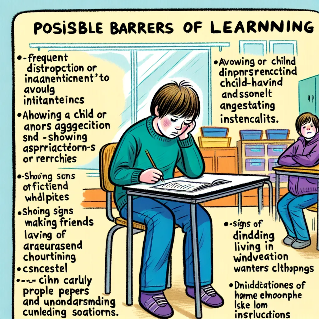 ### Aspects Indicating Possible Barriers to Learning

#### 4.1 Behavior in Class
- Frequent disruption or inattentiveness
- Avoidance of participation in activities

#### 4.2 Emotional Signs
- Displays of aggression or frustration towards peers
- Withdrawal or excessive sadness

#### 4.3 Appearance
- Poor personal hygiene or untidy clothing
- Signs of neglect, such as lack of proper winter clothing

#### 4.4 Social Interaction and Relationships
- Difficulty making friends or isolated from peers
