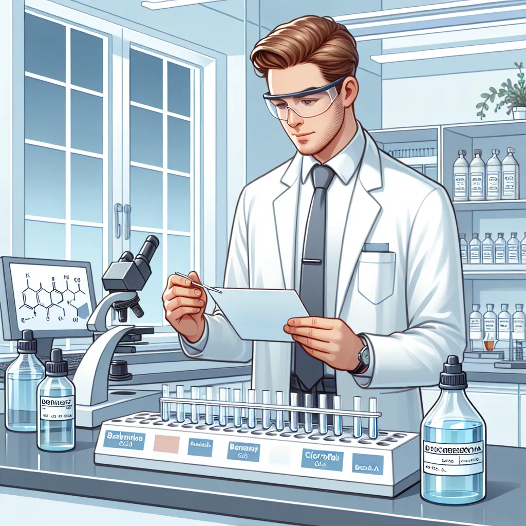 Illustration of a scientist in a lab, examining a thin-layer chromatography (TLC) plate with various solvent bottles labeled "Benzene" and "Chloroform" nearby.