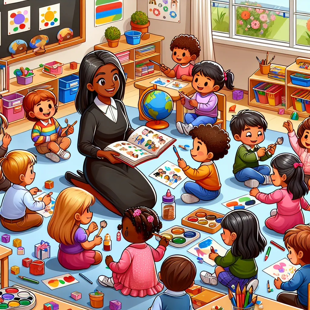 Image Description: Illustration of a Grade R classroom filled with diverse children engaging in various educational activities including reading, painting, and building with blocks, under the supervision of a caring teacher. The scene conveys a happy, inclusive, and supportive learning environment.