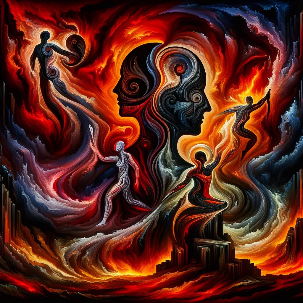 Transformation, Moxxie, Crimson, Hell, Identity in an abstract style