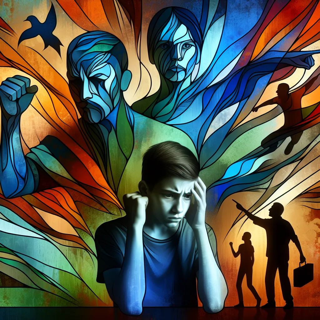 Joven, Bullying, Venganza, Padre, Tragedia in an abstract style