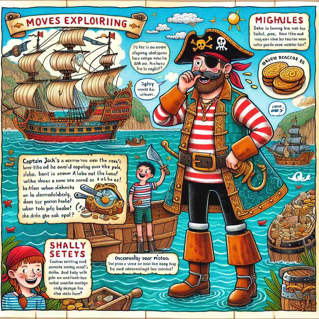 Ahoy, mates! I'm Captain Jack, and I got my name because I love to explore the seas! I have a big pirate hat, a red bandana, and a shiny eye patch. My shirt is striped like a tiger, and I wear boots that make a loud stomp when I walk.

On my ship, I'm the lookout! I keep my eyes open for treasure and other ships. My favorite weapon is a shiny cutlass that glimmers in the sun. I also love to eat salty sea biscuits with a slice of cheese—yum!

The most exciting voyage I ever had was when we found 