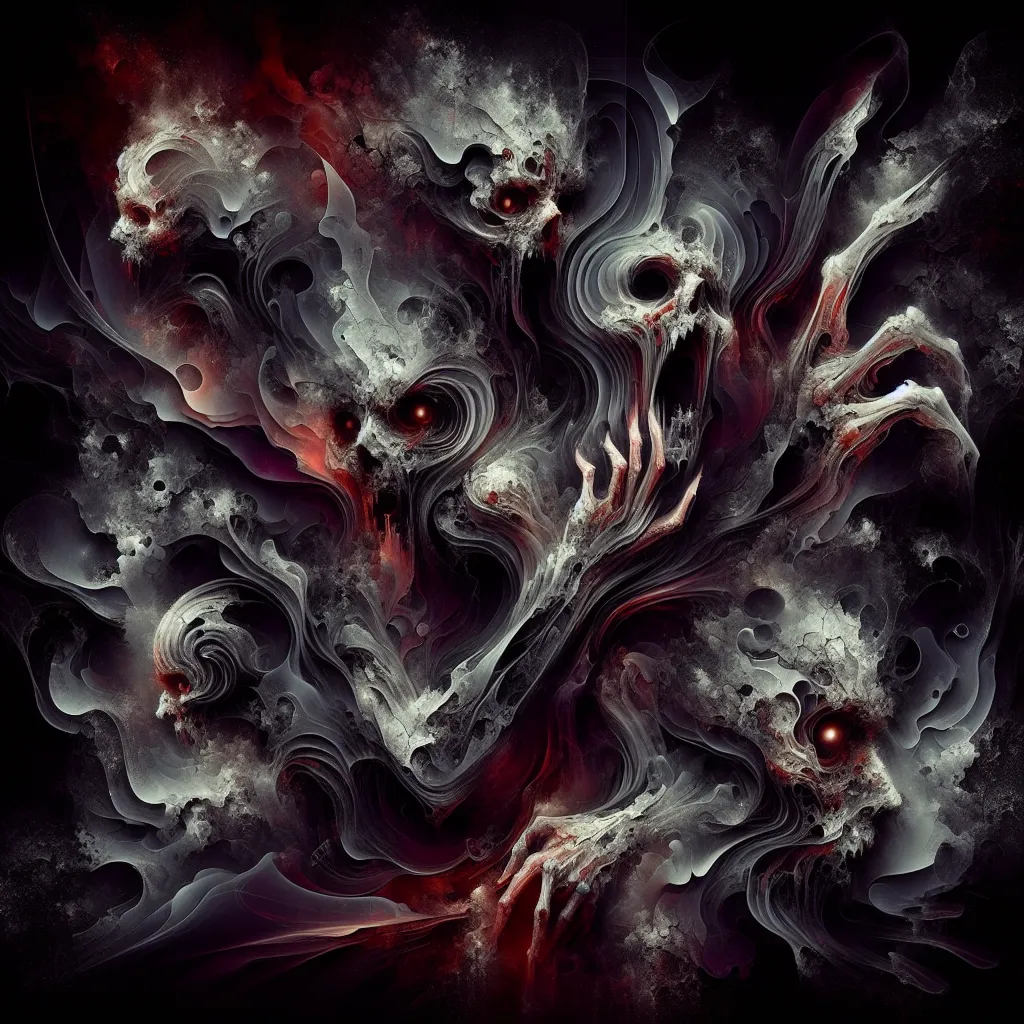 Evil, Ash, Transformation, Bodies, Horror in an abstract style