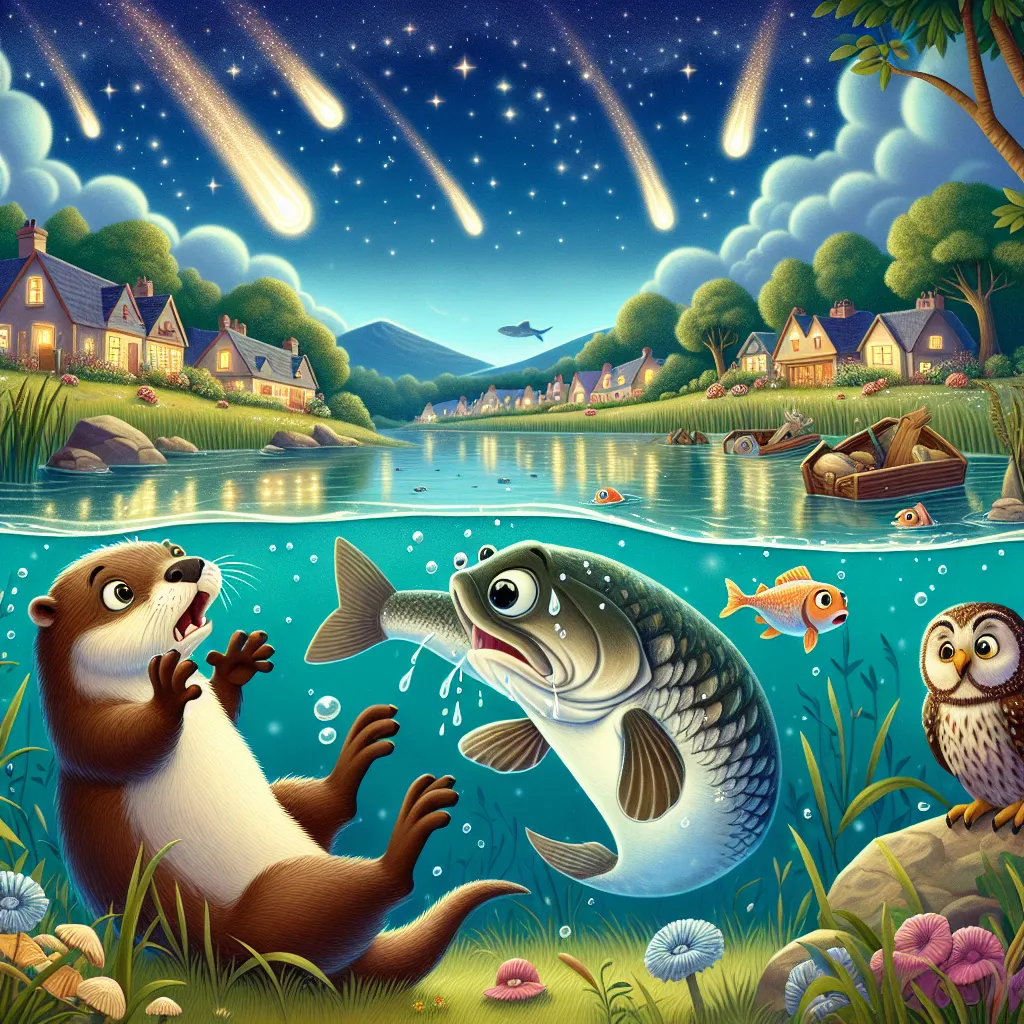 **Title: Cosmic Mix-Up**

**Setting:** The tranquil village of animals, near a shimmering lake under the starry night sky. 

---

**Scene 1: The Switch**

*As the moonlight bathes the village, Leah and Finny gaze at the stars.*

**Leah:** "Finny, don’t you ever wonder what it’s like to be someone else for a day?"

**Finny:** "What do you mean? I’m happy being a fish! Why would I want to be a land animal?"

*Suddenly, a mysterious comet streaks across the sky, and a magical bolt hits them both. I