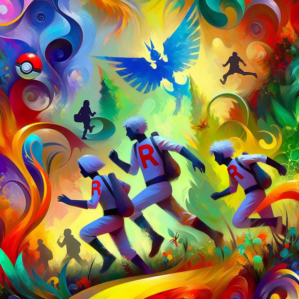 Adventure, Pokemon, Team Rocket, Escape, Friendship in an abstract style