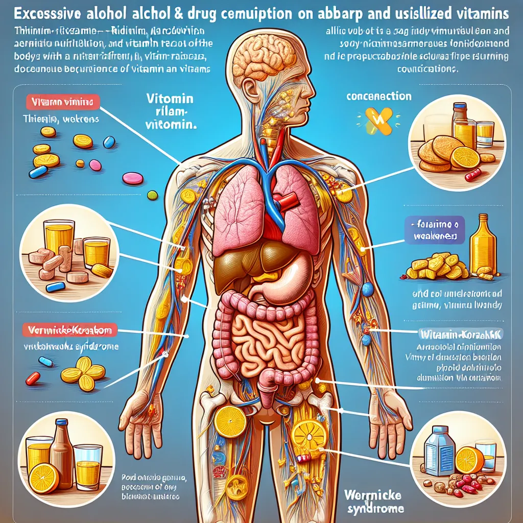 Alcohol can significantly affect the body's use of vitamins in several ways. For instance, excessive alcohol consumption can lead to deficiencies in vital nutrients, such as B vitamins, particularly thiamine, riboflavin, niacin, and vitamin B6. Alcohol interferes with the absorption of these vitamins in the gastrointestinal tract and can impair their conversion into usable forms within the body. Additionally, alcohol-related liver damage can disrupt the metabolism of vitamins, limiting the body’