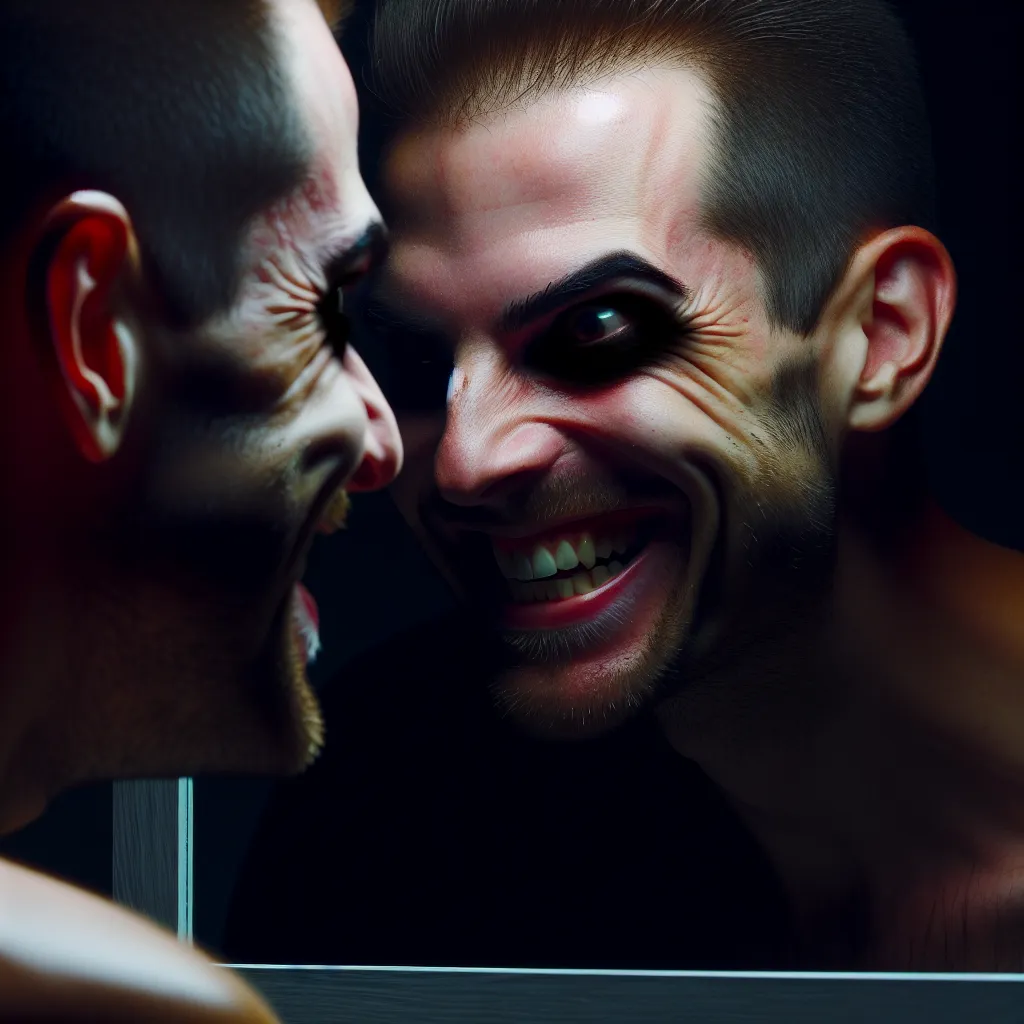 Imagen de un hombre frente al espejo con una sonrisa malévola, reflejando una transformación oscura.