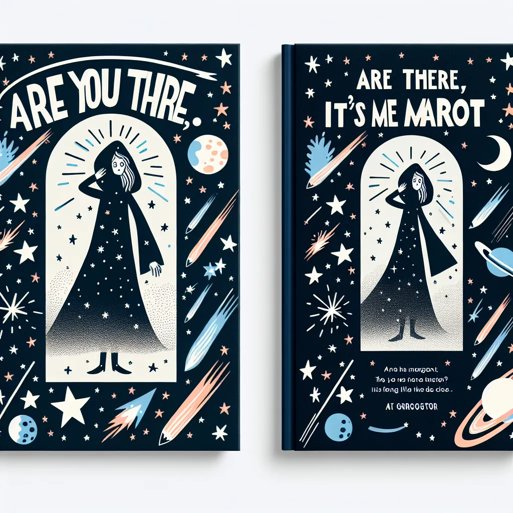 Conceptual illustration of a book cover featuring a whimsical design with the title "Are You There Satan, It's Me Margot" prominently displayed, alongside a playful depiction of celestial elements and a mysterious character.